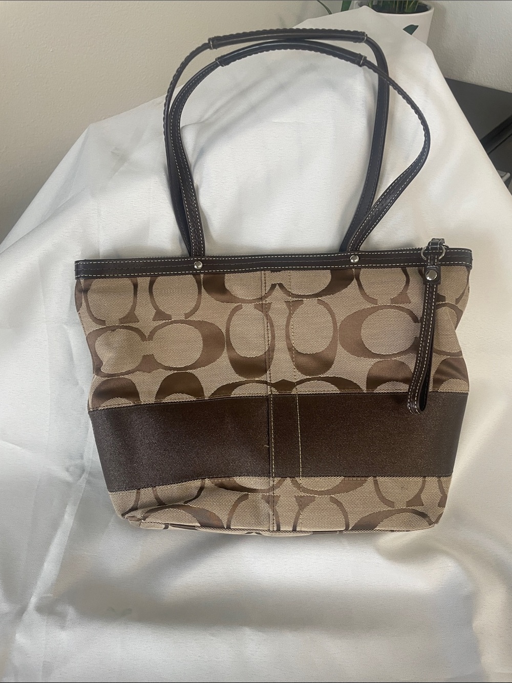 Coach Brown Signature Canvas Shoulder Bag with Dark Brown Trim